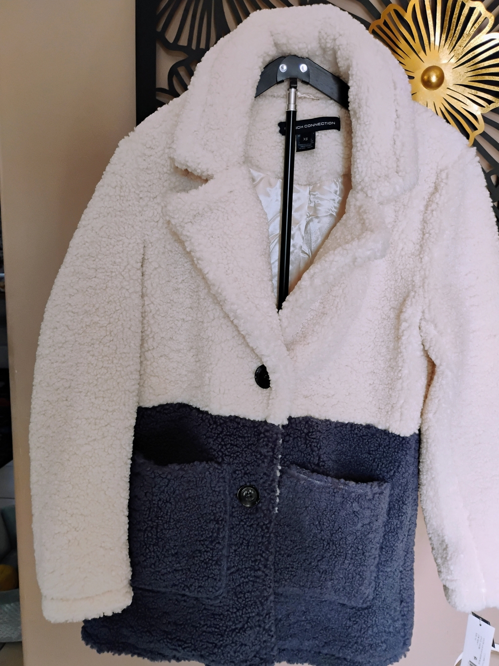 French Connection Women's Size XS Two-Tone Sherpa Pea Coat in Cream and Navy